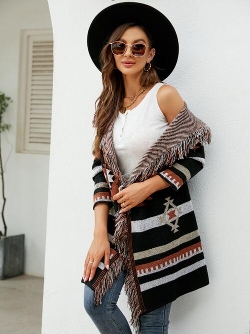 Fringe Geometric Hooded Long Sleeve Cardigan - T - 2 COLORS -