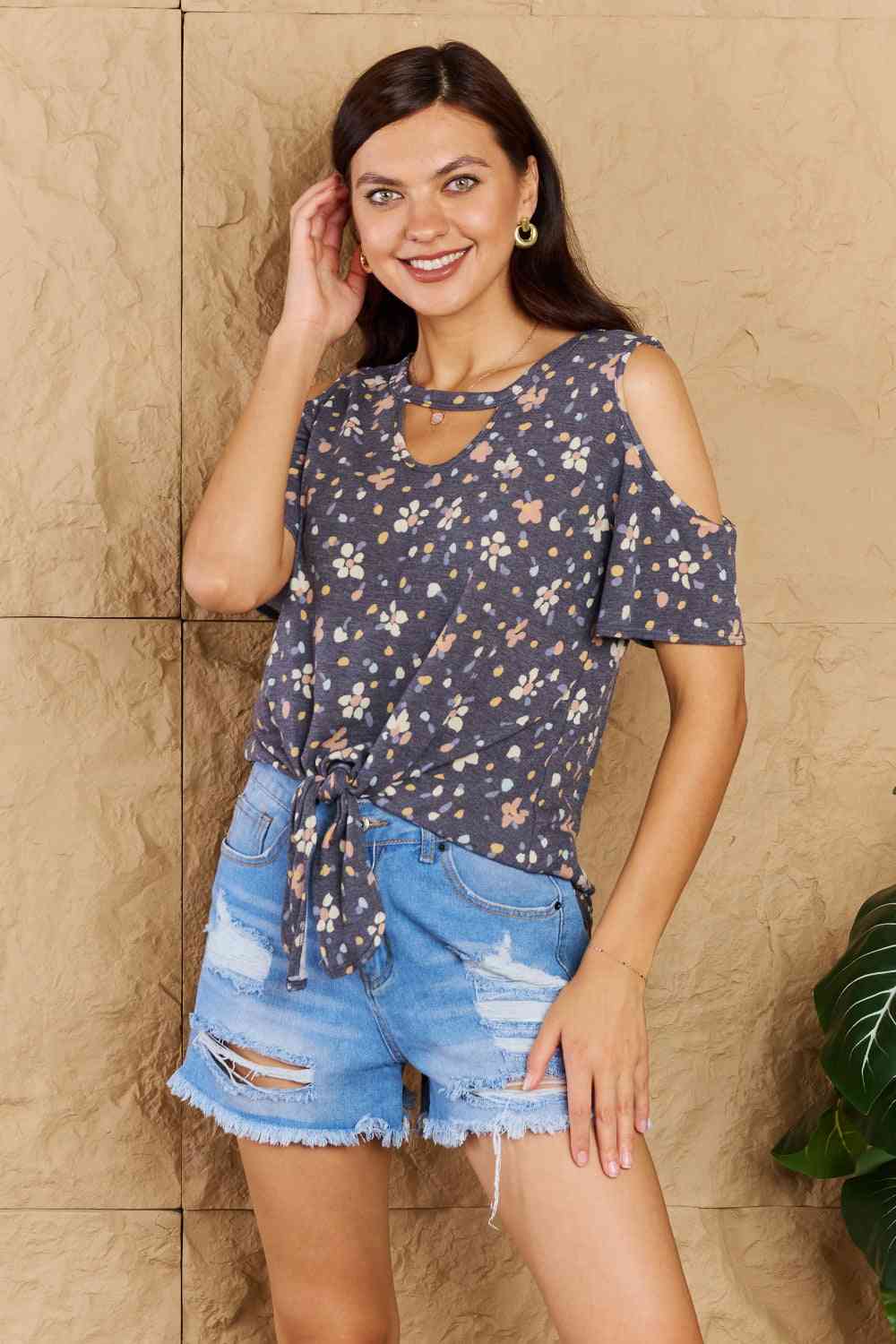 Heimish On My Own Full Size Cold Shoulder Keyhole Floral Print Top - SIZES S THRU 3XL - T - 1 COLOR -