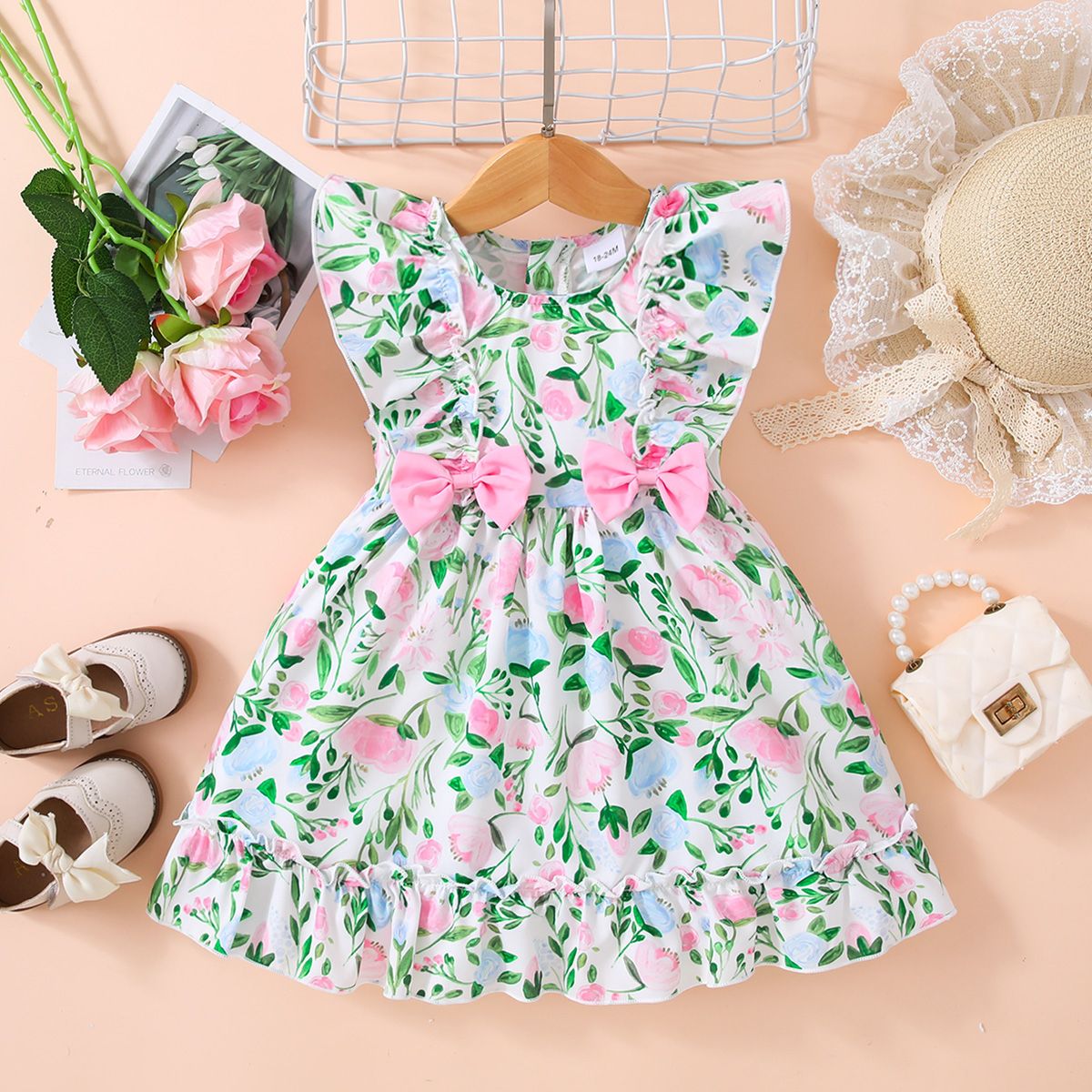 Girls Floral Bow Detail Frill Trim Dress - T - 5 SIZES - 1 COLOR -