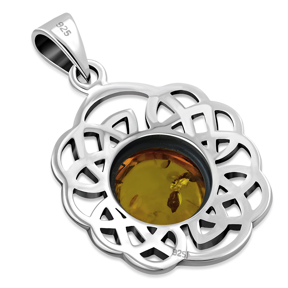 Creidne - Round Celtic Knot Silver Pendant Set W/ Baltic Amber -