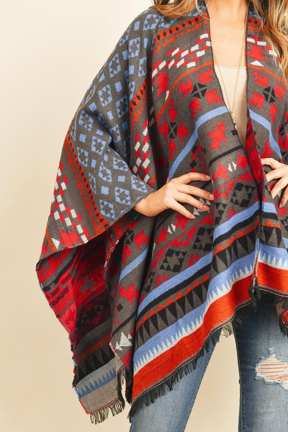 Riah Fashion - Native American Pattern Open Front Kimono - 1 COLOR -