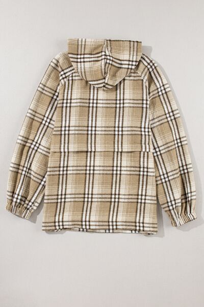 Drawstring Plaid Half Zip Raglan Sleeve Hoodie - T - 1 COLOR -