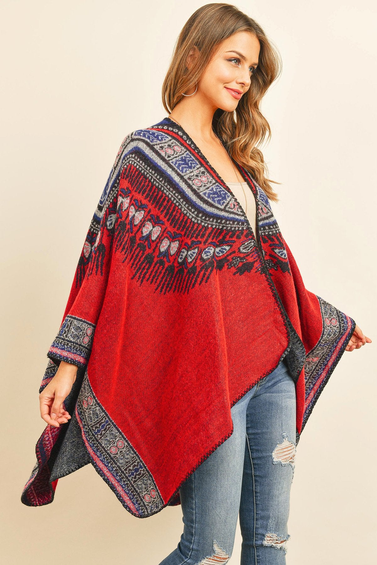 Riah Fashion - Native American Pattern Open Front Kimono - 1 COLOR -