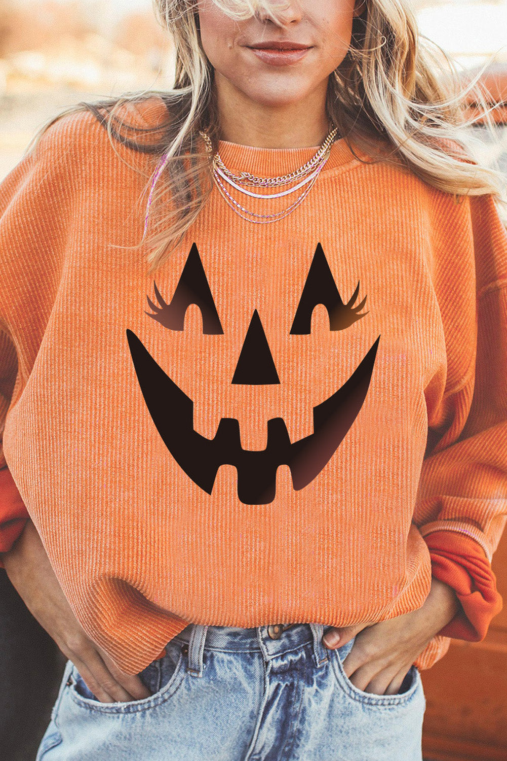 Round Neck Dropped Shoulder Jack-O'-Lantern Graphic Sweatshirt - T - 1 COLOR -