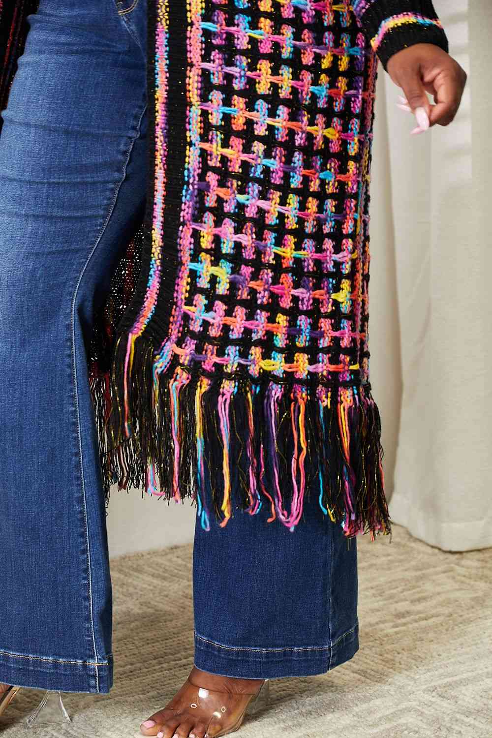 Double Take Full Size Multicolored Open Front Fringe Hem Cardigan - T - SIZES S THRU 3XL - 1 COLOR -