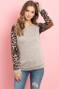 Thumbnail for Riah Fashion - Leopard Sleeve Elbow Patch Sweater - 1 COLOR -