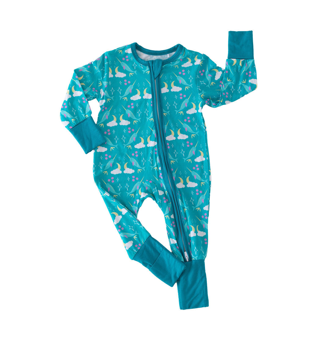 Eclipse Kids - I'm Narwhally Sleepy - Blue - Long Sleeve Zipper Sleep Romper -