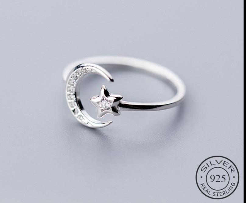 Moon and Star Sterling Silver Adjustable Ring -