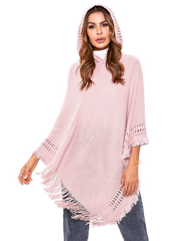 Women's Print or Plain Fringe Hooded Knit Cape Shawl - K - 2 Print patterns - 4 COLORS -