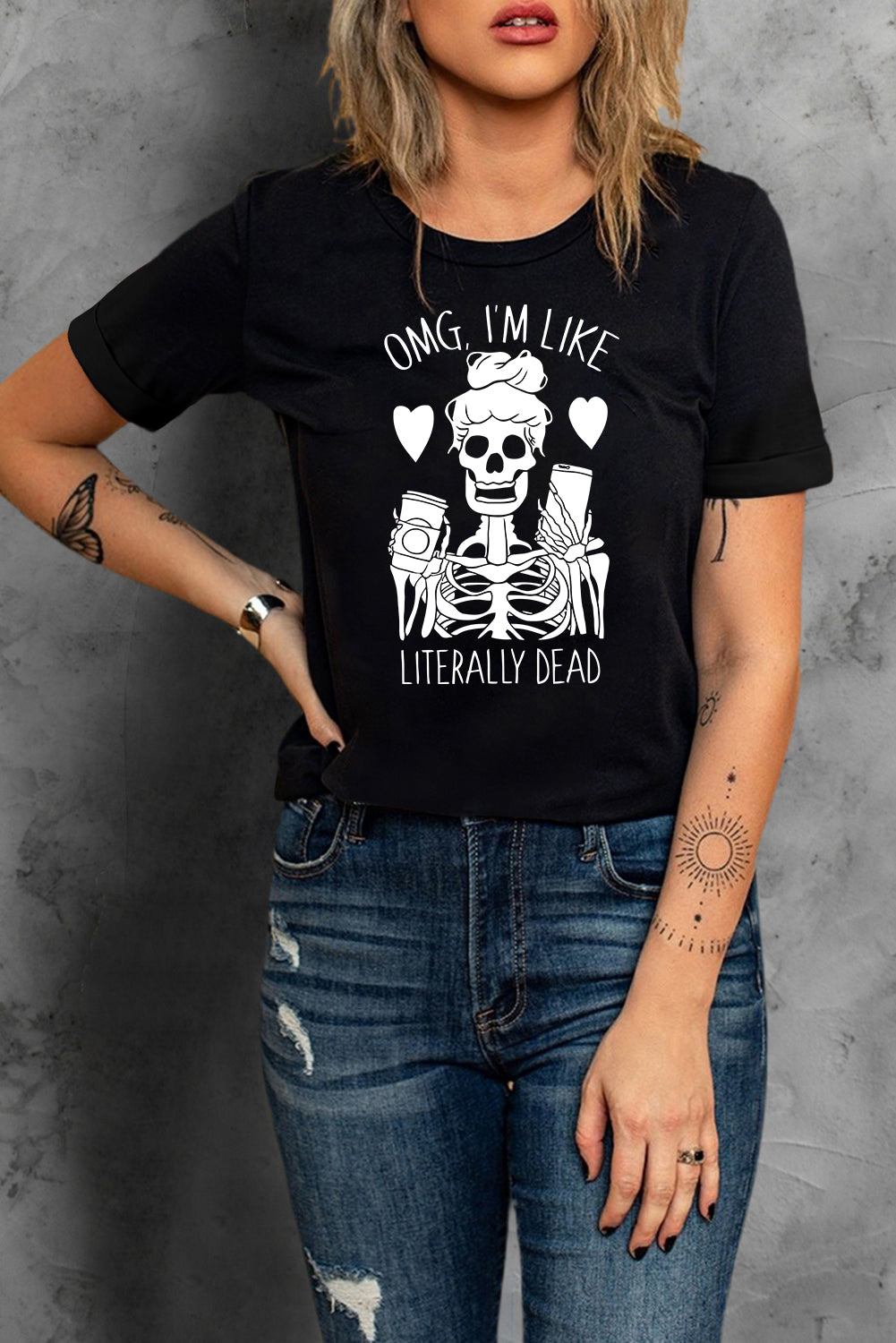 Halloween Skeleton Graphic Round Neck Tee - T - 1 COLOR -