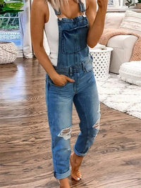 Thumbnail for Double shoulder suspenders - ripped denim jumpsuit overalls - women's casual - K - 3 COLORS -