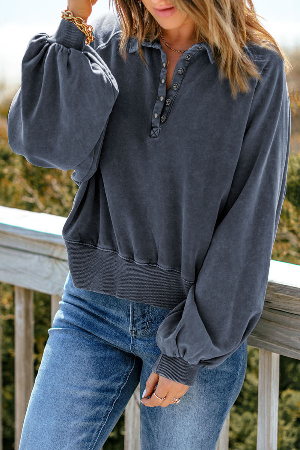 Quarter-Snap Collared Lantern Sleeve Sweatshirt - T - 4 COLORS -