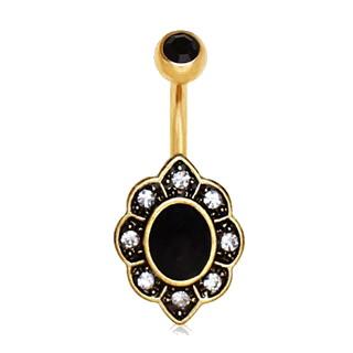 Gold Plated Elegant Black Floral Navel Ring -