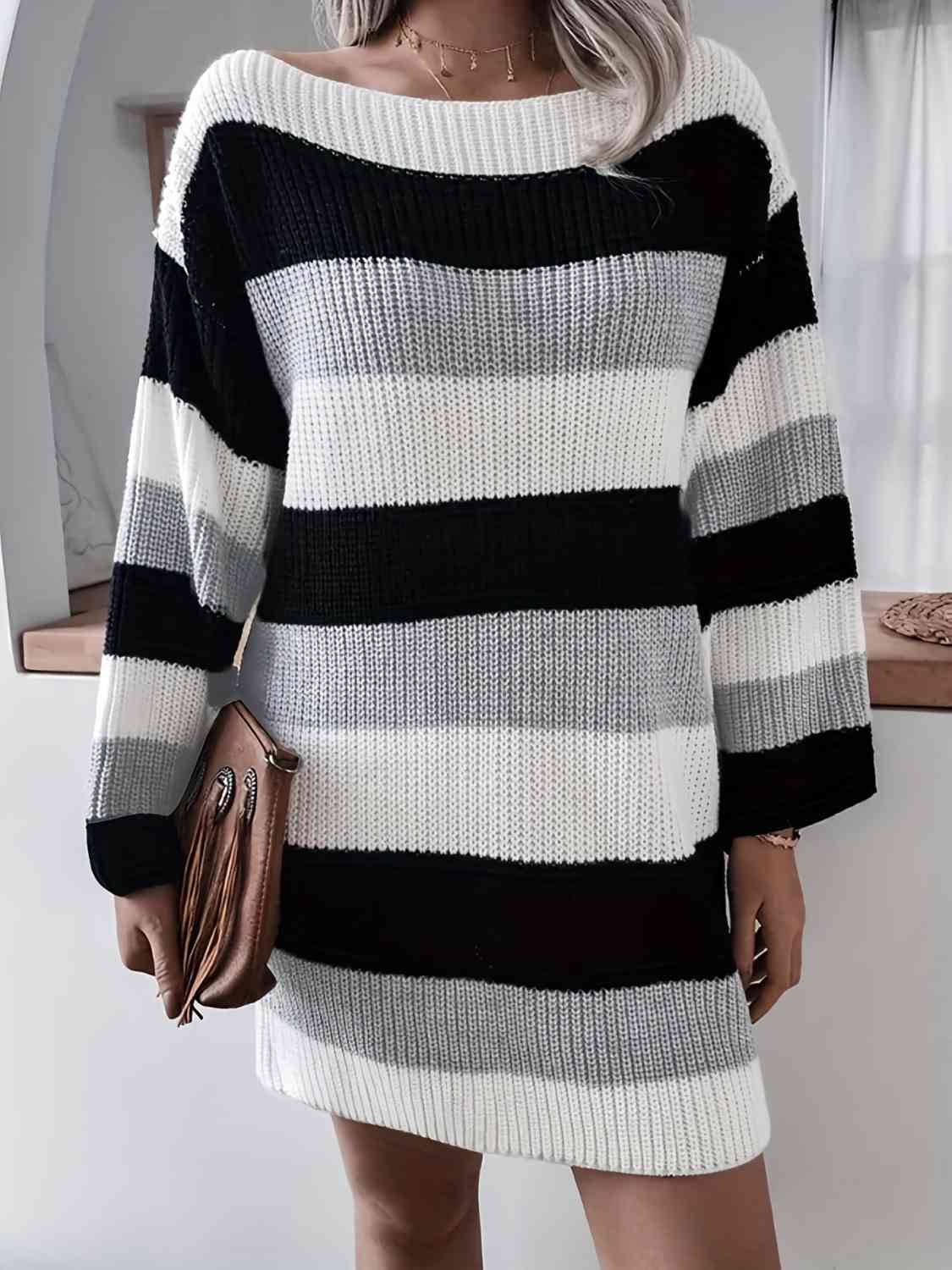 Striped Long Sleeve Mini Sweater Dress - T - 1 COLOR -