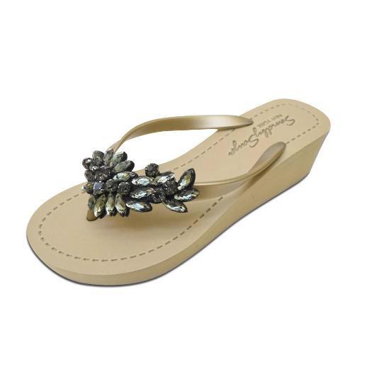 SAND BY SAYA N.Y. - Manhattan Black - Rhinestone Mid Wedge Flip Flops - 2 COLORS -