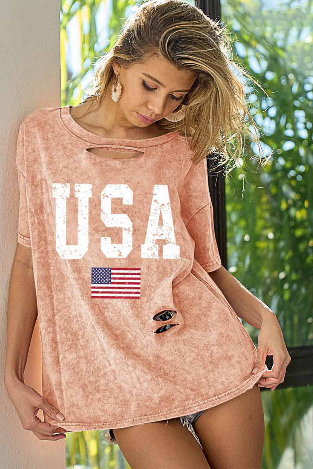 BiBi Washed American Flag Graphic Distressed T-Shirt - T - 1 COLOR -