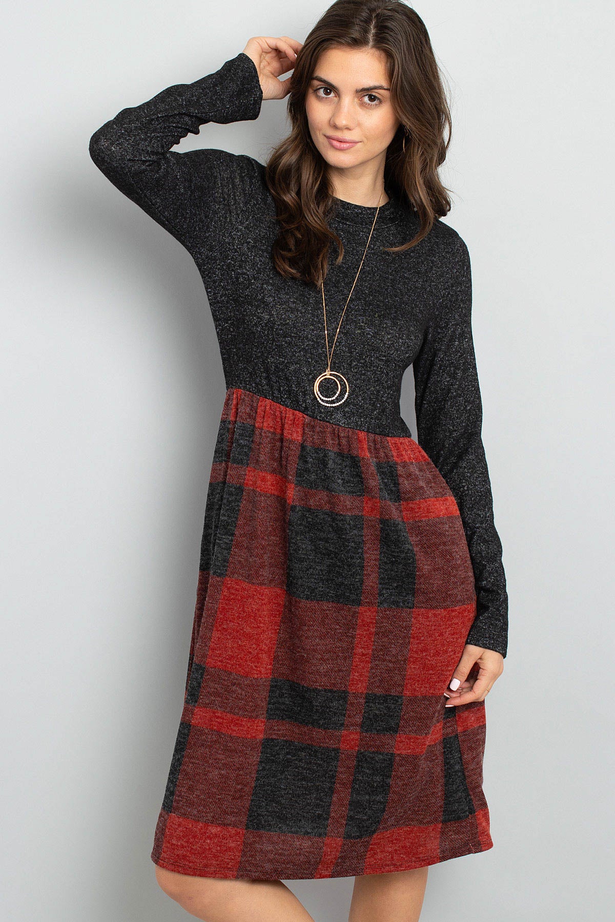 Riah Fashion - Two Toned High Neck Long Sleeves Plaid Contrast Dress - 3 COLORS -