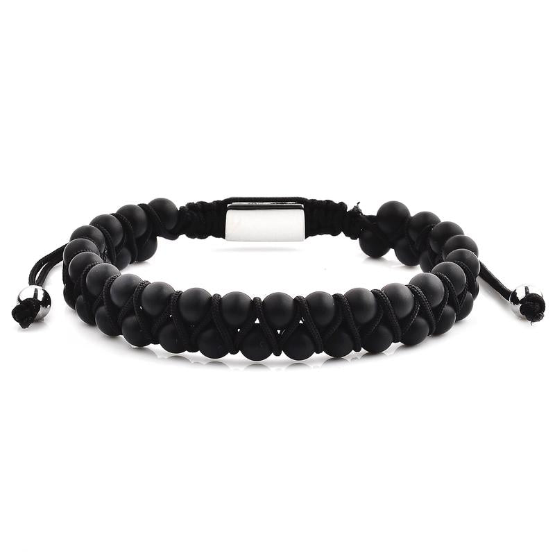 Crucible - Men's Matte Black Agate Stone Beaded Adjustable Bracelet -