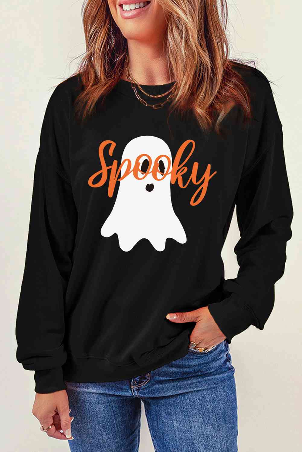 SPOOKY Ghost Graphic Round Neck Sweatshirt - T - 1 COLOR -