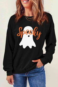 Thumbnail for SPOOKY Ghost Graphic Round Neck Sweatshirt - T - 1 COLOR -