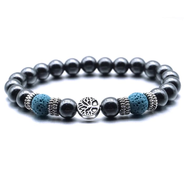 Light Blue Tree of Life Lava Stone Metal Bracelet -