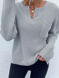 Thumbnail for Notched Long Sleeve Sweater - T - 6 COLORS -