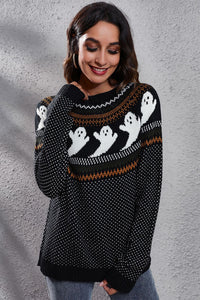 Thumbnail for Ghost Pattern Round Neck Long Sleeve Sweater - T - 7 COLORS -