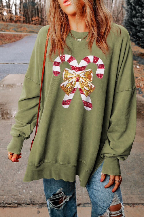 Sequin Candy Cane Round Neck Slit Sweatshirt - T - 2 COLORS -