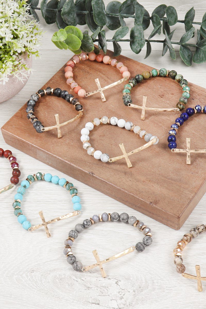 Riah Fashion - Mix Beads Hammered Cross Bracelet - 9 COLORS -