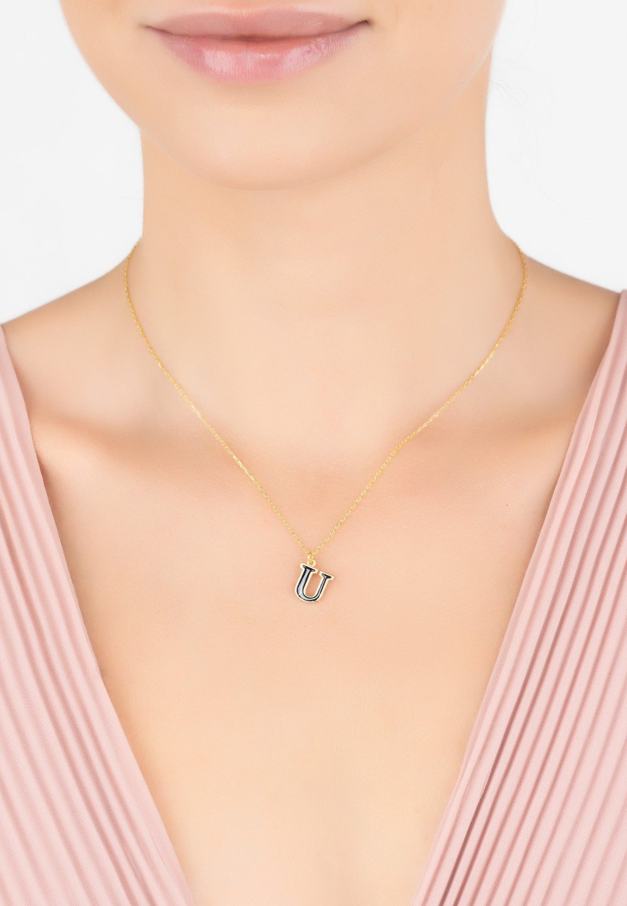 Initial Enamel Necklace Gold U -