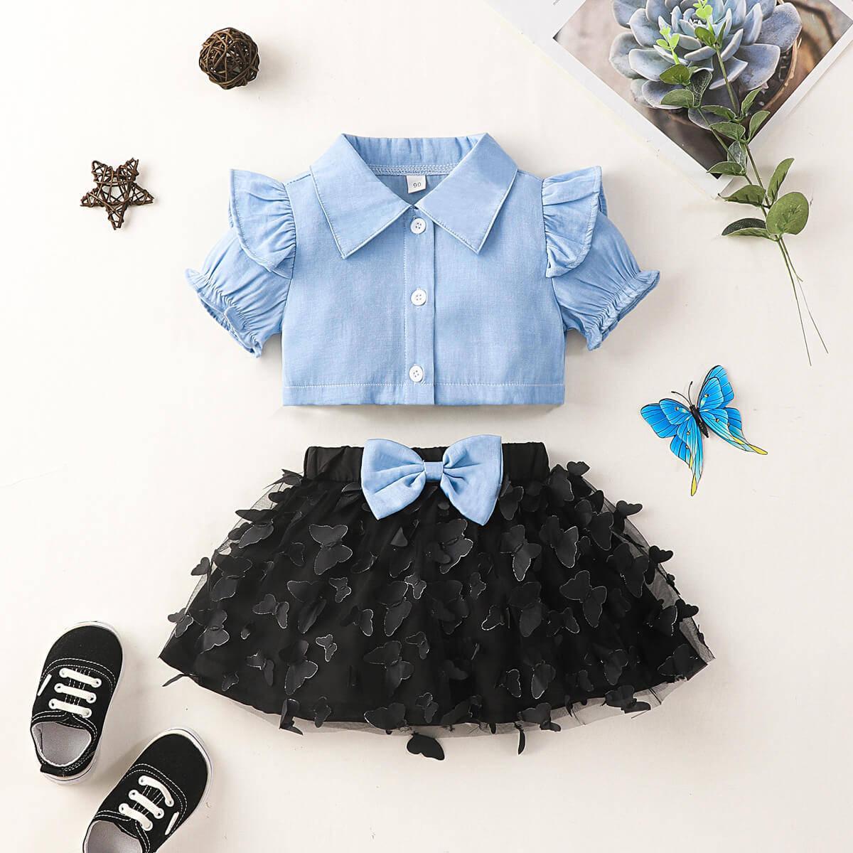 Ruffle Shoulder Shirt and Butterfly Applique Skirt Set - 2 PCS. - T - 2 COLOR COMBOS -