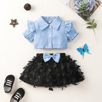 Thumbnail for Ruffle Shoulder Shirt and Butterfly Applique Skirt Set - 2 PCS. - T - 2 COLOR COMBOS -