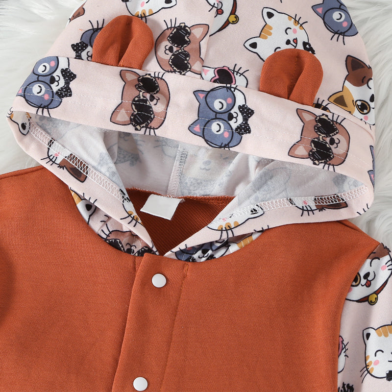 Long Sleeve Cat Pattern Hoodie and Pants Set - T - 2 PCS. - 1 COLOR -