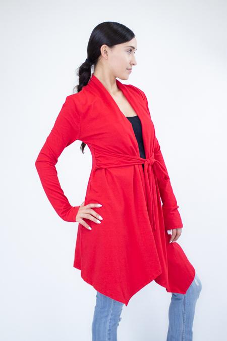 Stylespect - Light Weight Waist Tie Cardigan - Red - 1 COLOR -