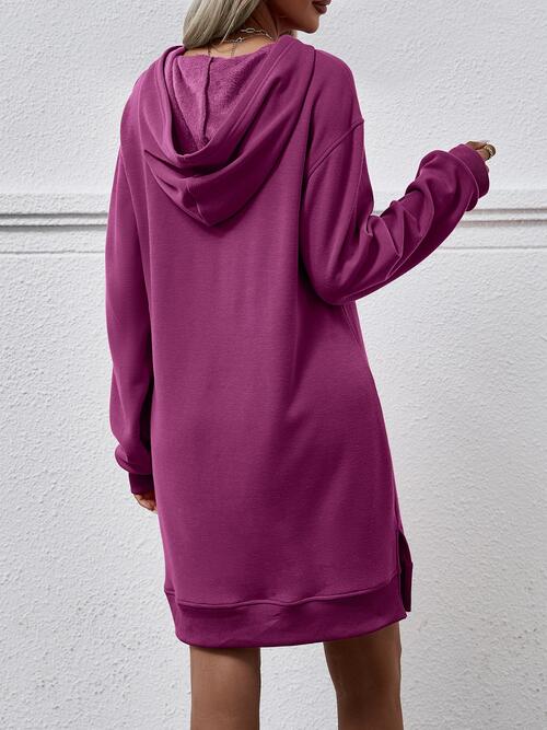 Slit Long Sleeve Hooded Dress with Pocket - T - 9 COLORS -