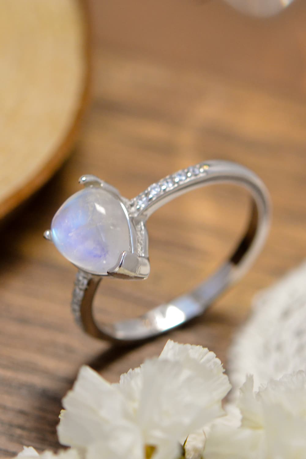 Natural Moonstone Teardrop Side Stone Ring - T - SIZES 6 THRU 9 -