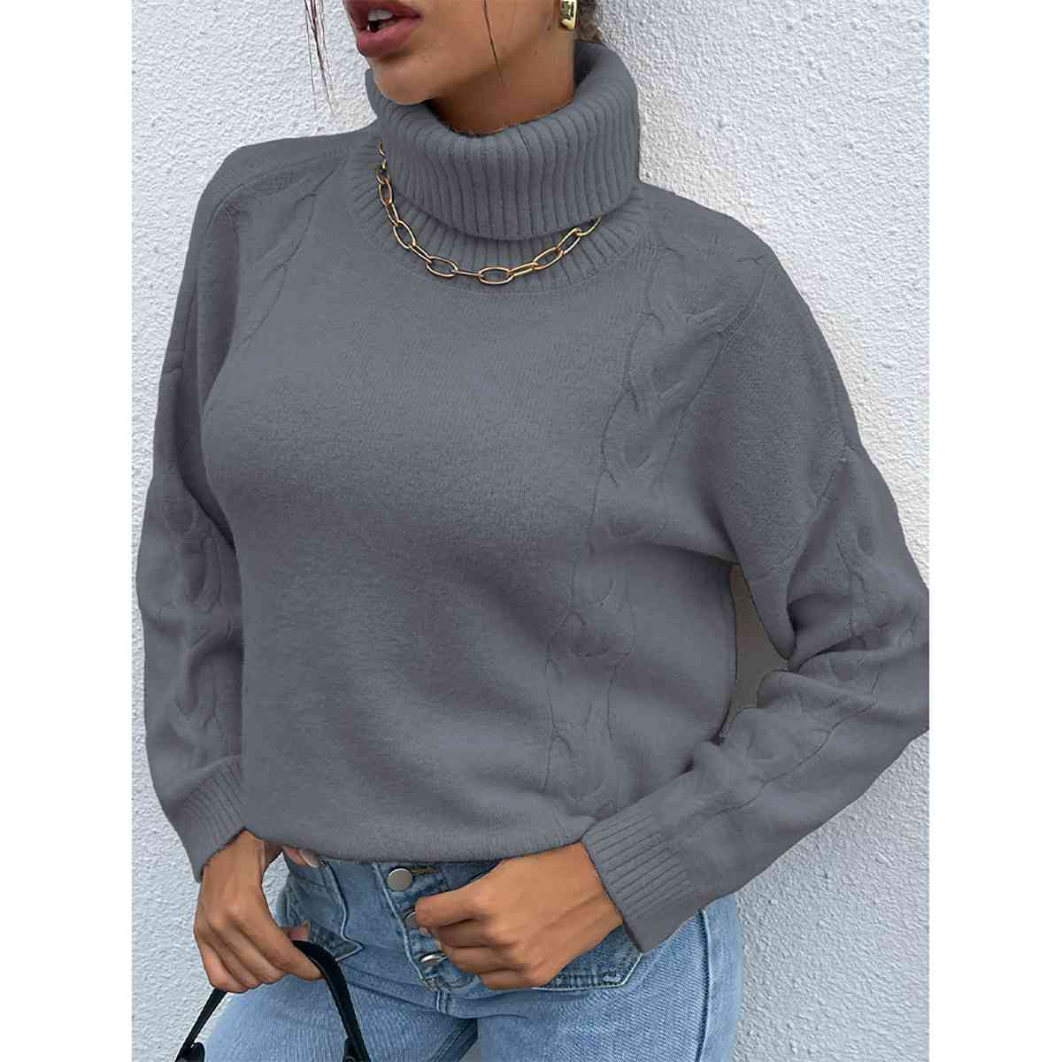 Turtleneck Dropped Shoulder Long Sleeve Sweater - T - 4 COLORS -