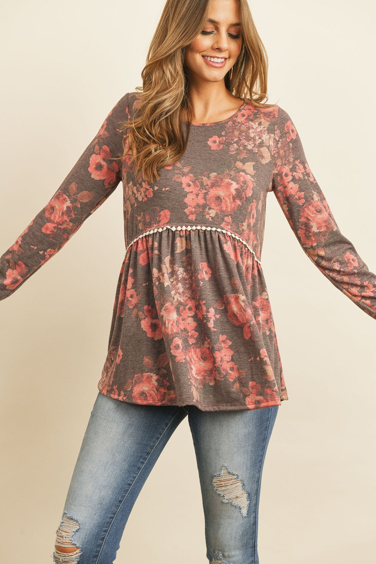 Riah Fashion - Floral Long Sleeved Cinch Waist Lace Detail - 2 COLORS -