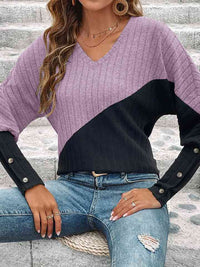 Thumbnail for Contrast Buttoned V-Neck Blouse - T - 4 COLORS -