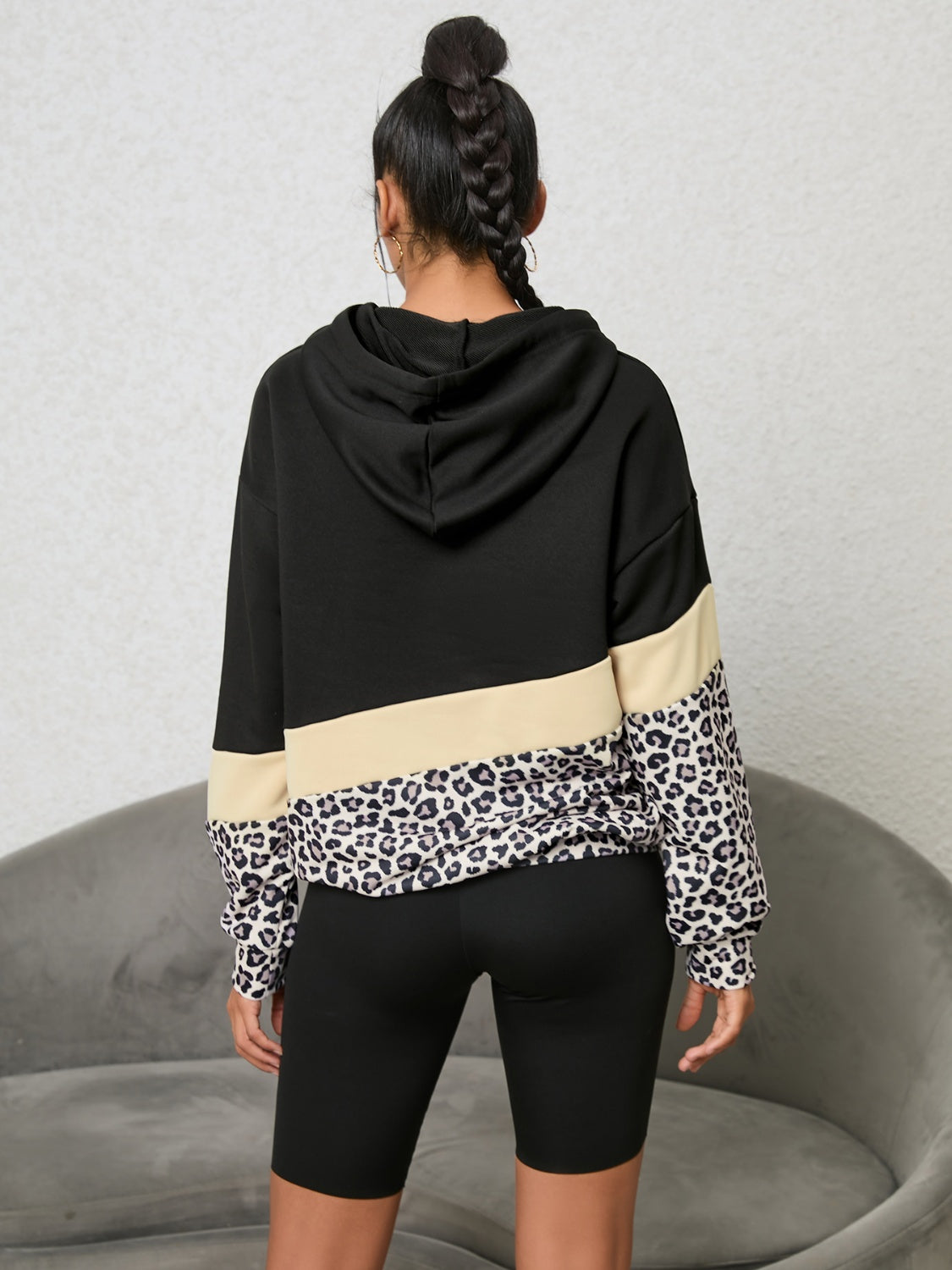 Leopard Color Block Hoodie - T - 1 COLOR -