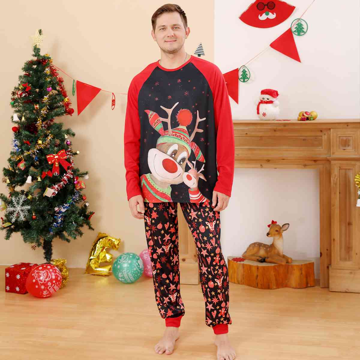 MEN Reindeer Graphic Top and Printed Pants Set - T -