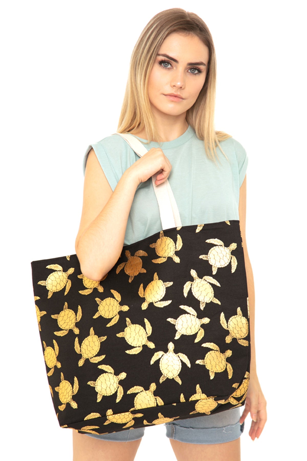 Riah Fashion - Gold Foil Turtle Tote Bag - 8 COLORS -