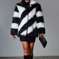 Thumbnail for Sharon Tatem - Black Faux Rabbit Fur Coat - Artificial Fur Stitching - Turn-Down Collar - Plush Over Coat -