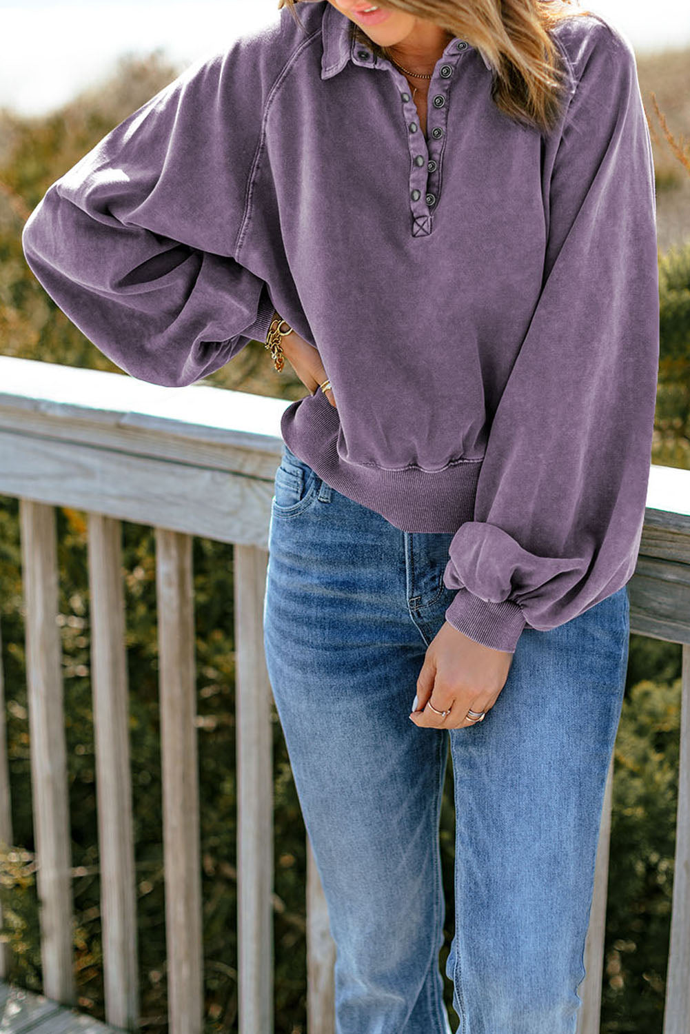 Quarter-Snap Collared Lantern Sleeve Sweatshirt - T - 4 COLORS -