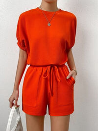 Thumbnail for Waffle-Knit Round Neck T-Shirt and Pocketed Shorts Lounge Set - 2 PCS. - T - 3 COLORS -