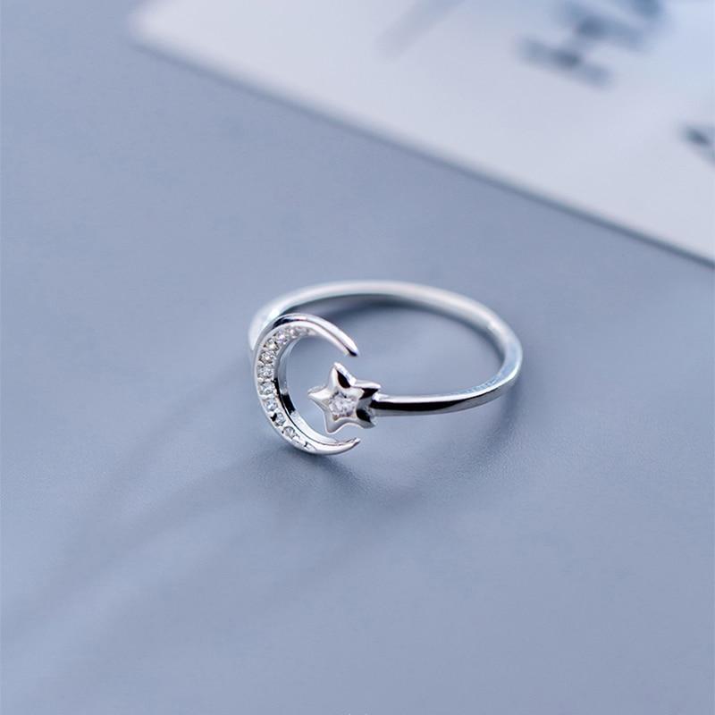 Moon and Star Sterling Silver Adjustable Ring -