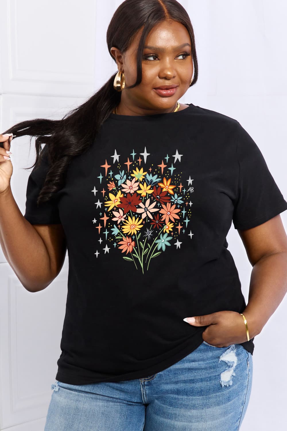 Simply Love Full Size Floral Graphic Cotton Tee - T - 2 COLORS -