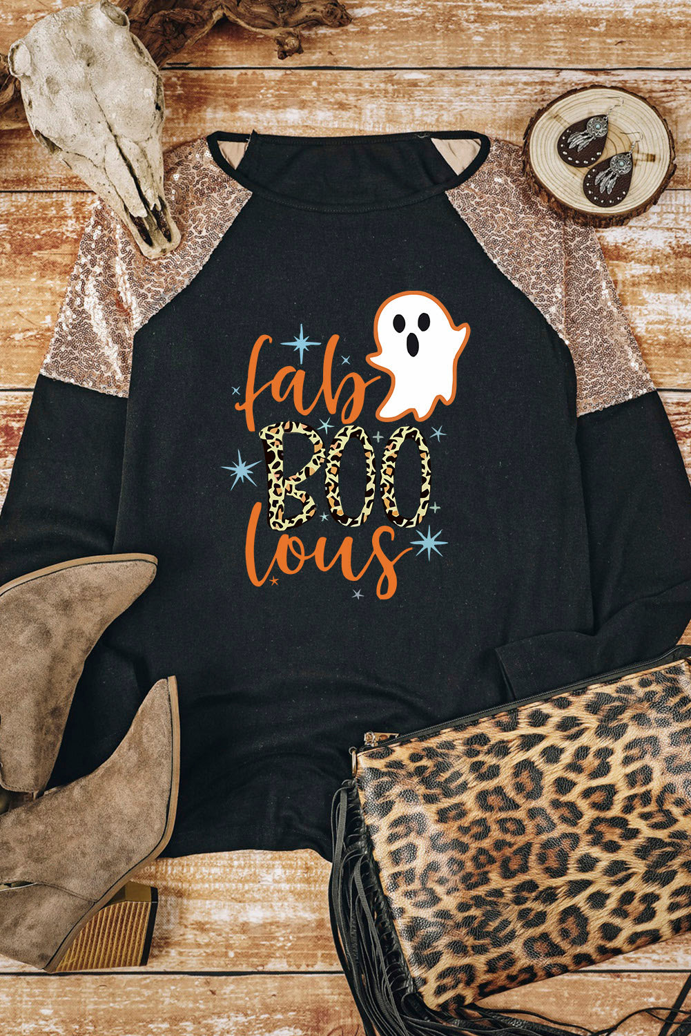 Ghost Graphic Sequin Long Sleeve T-Shirt - T - 1 COLOR -