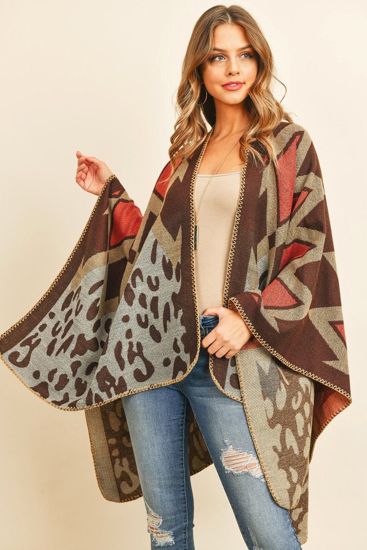 Riah Fashion - Chevron Leopard Open Front Kimono - 1 COLOR -