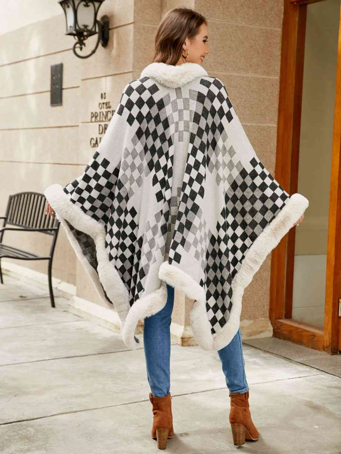 Checkered Faux Fur Trim Poncho - T - 5 COLORS -